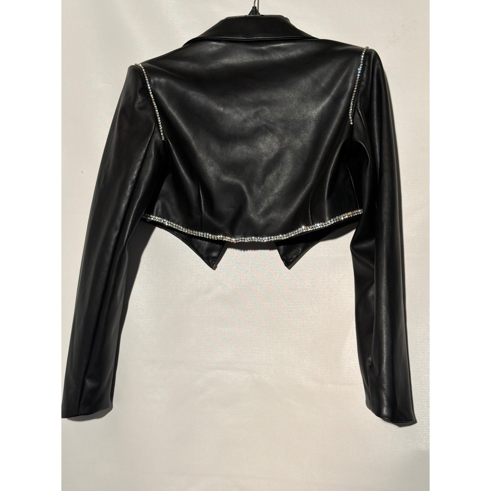 Forever 21 Faux Leather Cropped Jacket S Black Rhinestone Trim Open Front - Picture 5 of 5